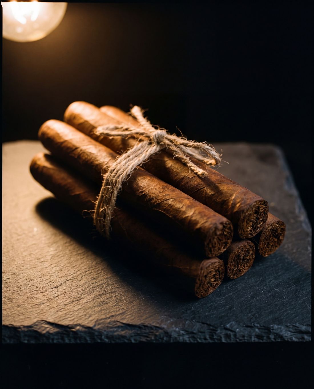 A bundle of cigars tied with twine on slate